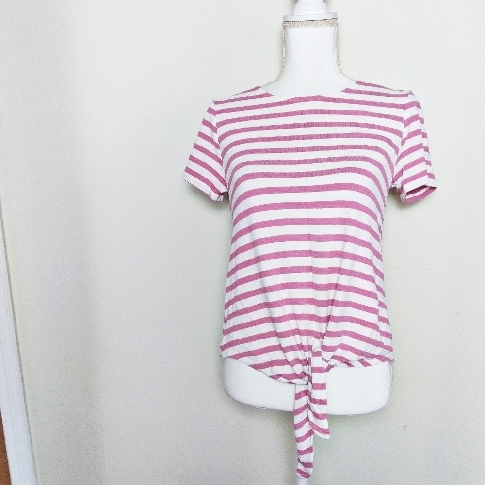 Marled Pink and White Tie Front Button Detail Top